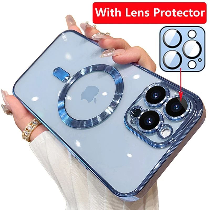 Funda con revestimiento magnético para iPhone 16e15 14 16 13 12 11 Pro Max con Protector de lente de cámara de cristal para cubierta de carga inalámbrica Magsafe
