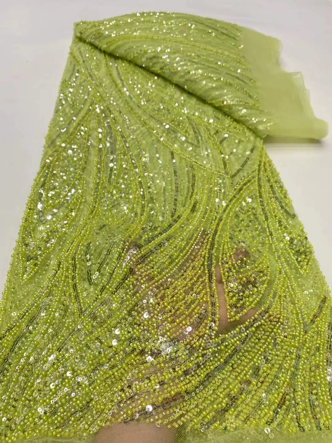 

2025 New African French Nigerian High End Lace Fabric With Beads Sequins Mesh for Embroidery Wedding Party Bride Sewing Dress