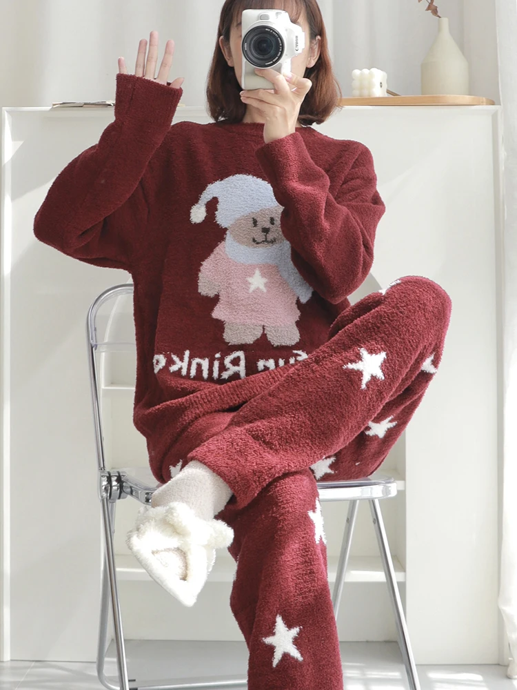 

O-neck Christmas Thick Warm Pajama Set Kawaii Star Bear Print Long Sleeve Trousers Homewear Suit Autumn Winter Fashion Sleepwear