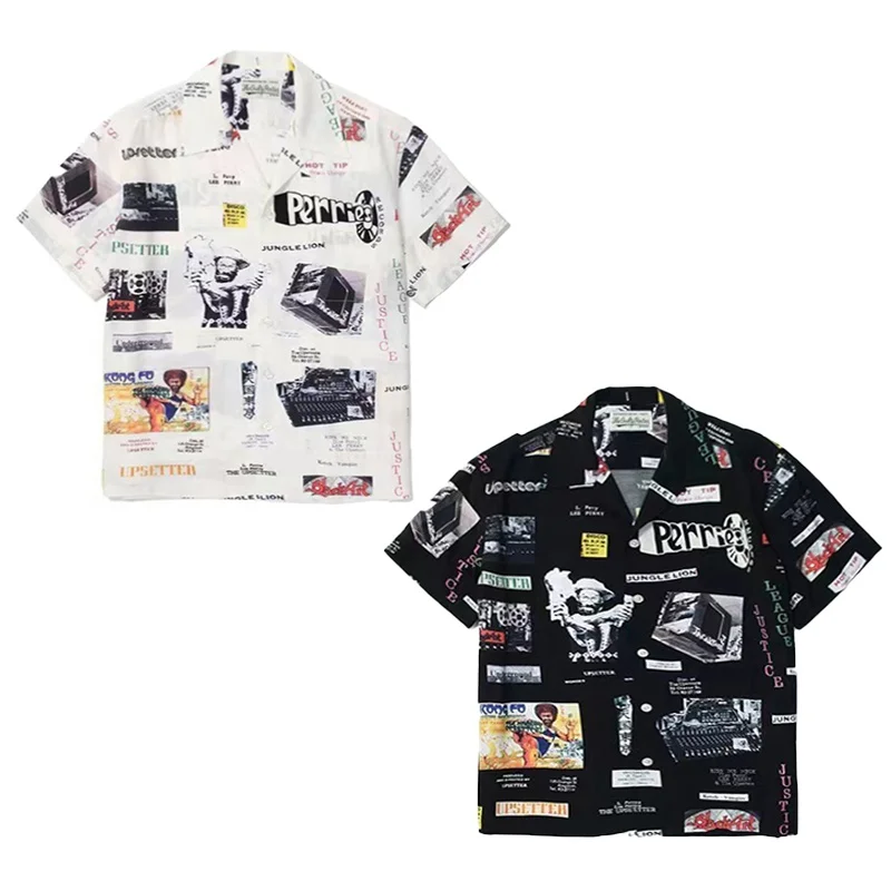 Trend Black White WACKO MARIA Full Print Poster Tenkoku Tokyo Hawaii Short Sleeve Shirt WACKO MARIA Shirt