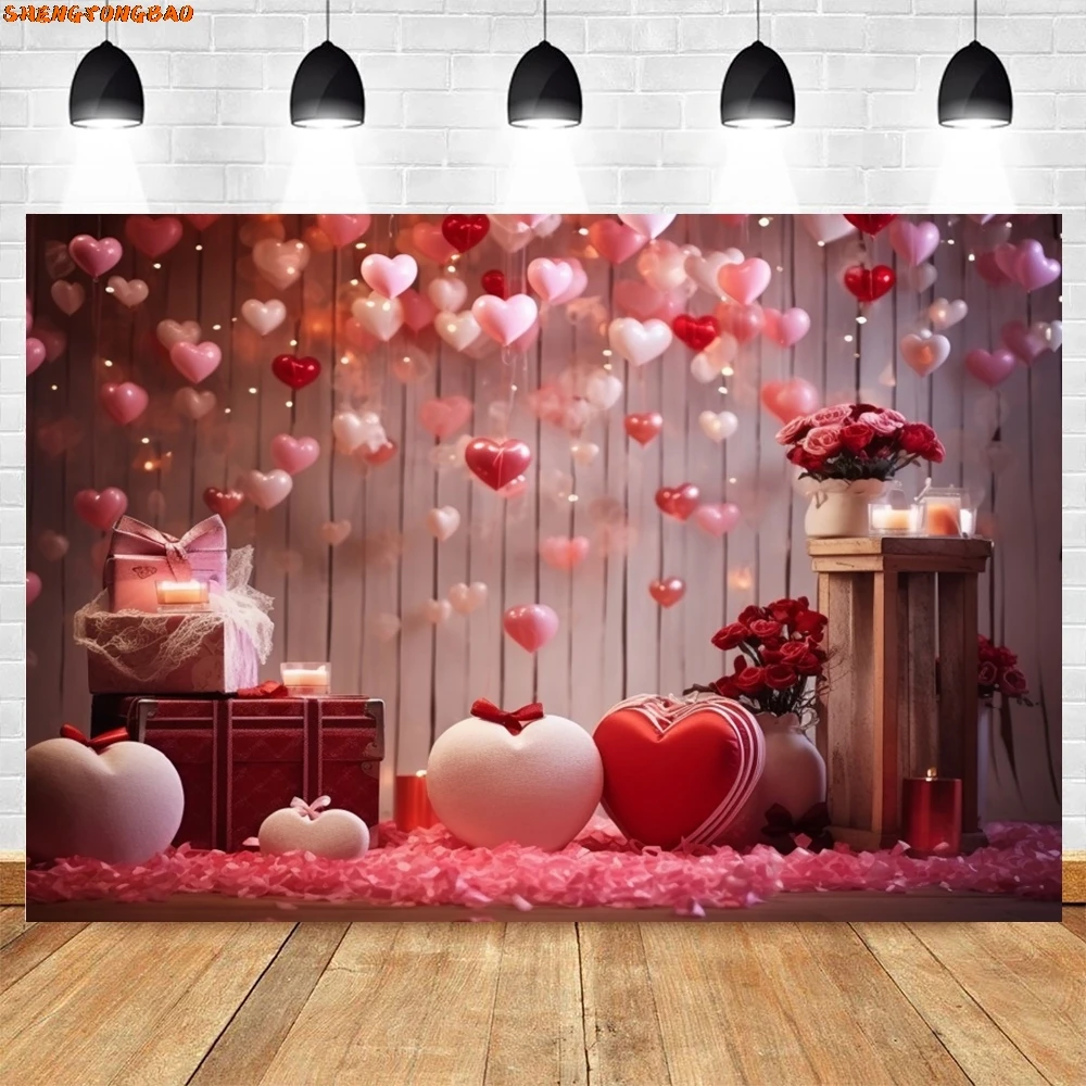 Toile de fond romantique de la journée de Léon, 14 février, scènes de Léon, coeur d'amour rouge, fond de photographie de portrait de mariage floral