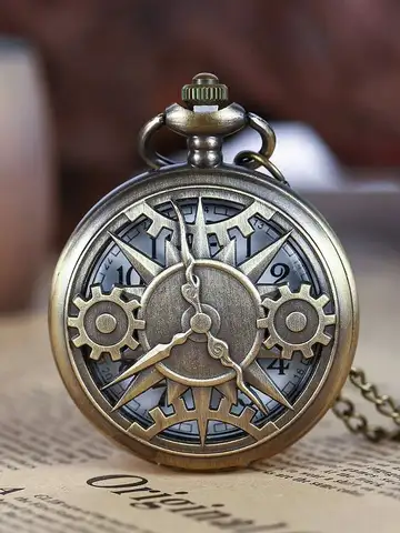 Antique Steampunk Bronze Hollow Gear Movement Quartz Pocket Watch Pendant Gift With Chain Boys Men