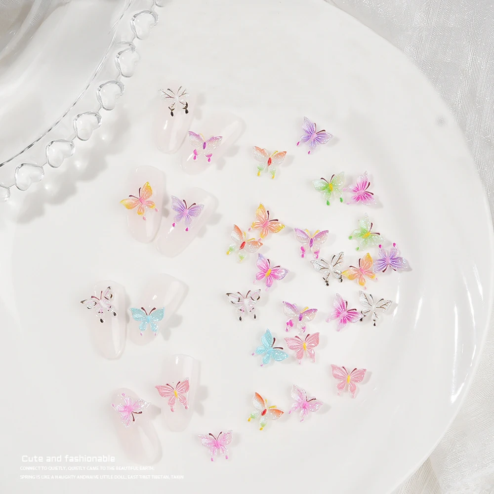 50Pcs Butterfly Nail Art Charm 3D Transparent Shiny Candy Color Resin Butterfly Nail Ornament DIY Exquisite Nail Accessories