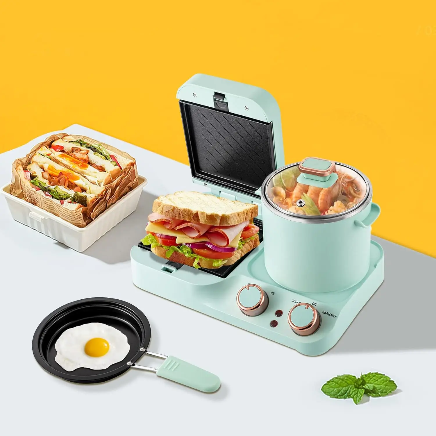 Estación para hacer desayuno 3 en 1, Mini tostadora eléctrica, máquina para hacer sándwiches para pan y desayuno con placa de revestimiento antiadherente desmontable, St