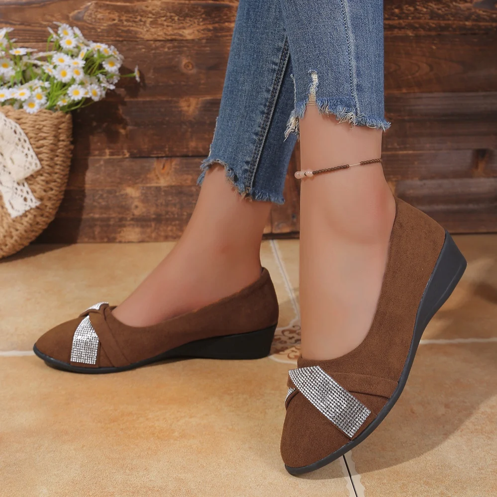 Damen-Keilabsatzpumps mit Strass-Schleife, geschlossener Zehenbereich, Slip-On-Plattform, dicker Absatz, lässige Damenschuhe, große Größen – Detail 20