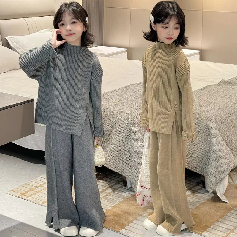 Girls' Autumn and Winter New High-End Elegant Lazy Style Design Knitted Top with Slit Flared Pants Two-Piece Set