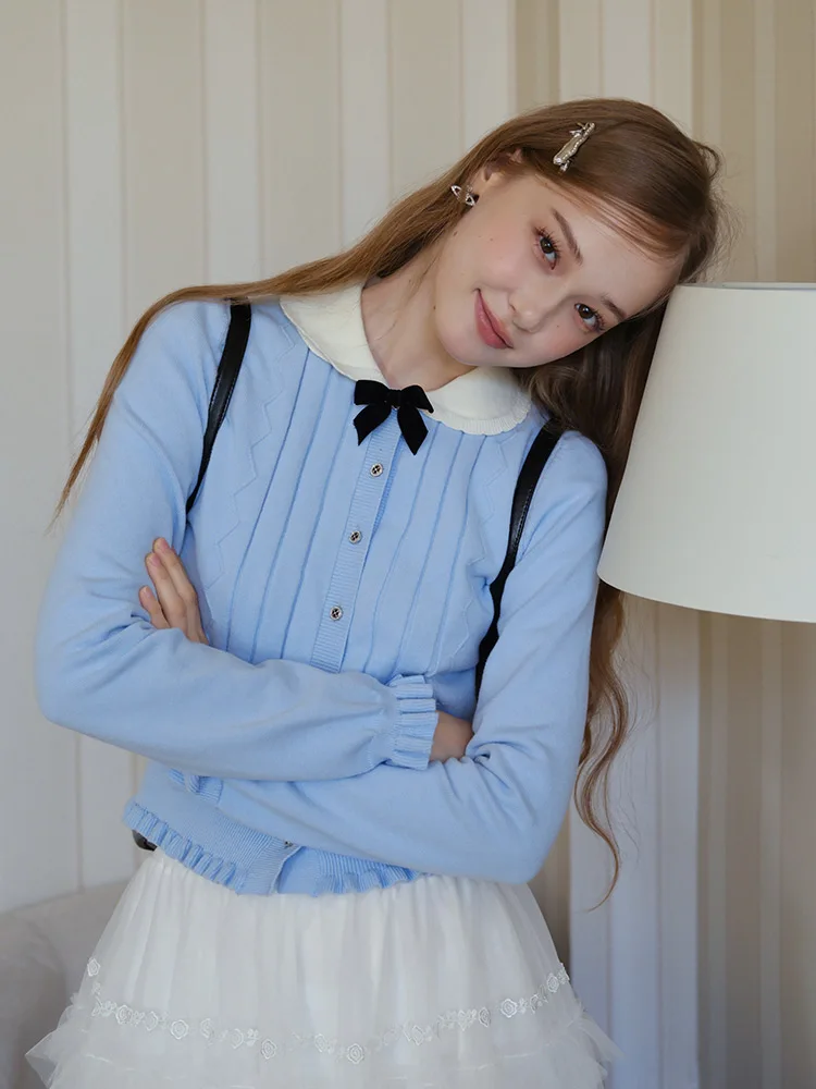 

Early Autumn Atmosphere Blue Knitted Sweater Cardigan Color Block Small Collar Knot Long Sleeve Women's Outerwear