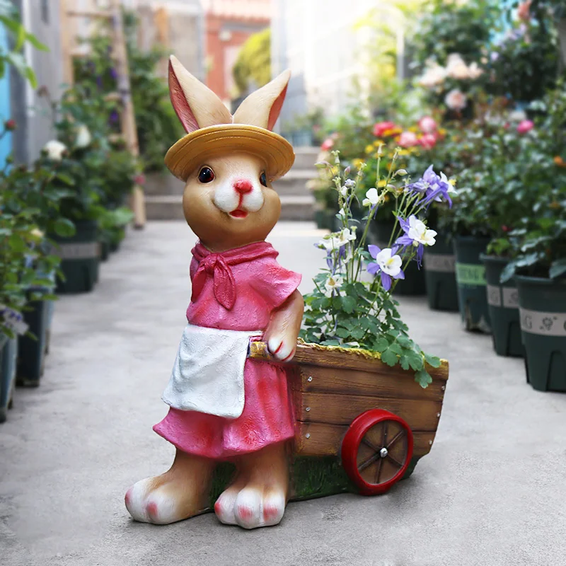 Large Garden Bunny Statue Cartoon Rabbit Lawn Ornament for Yard Resin Flower Pot Animal Figure Kindergarten Creative Decorations