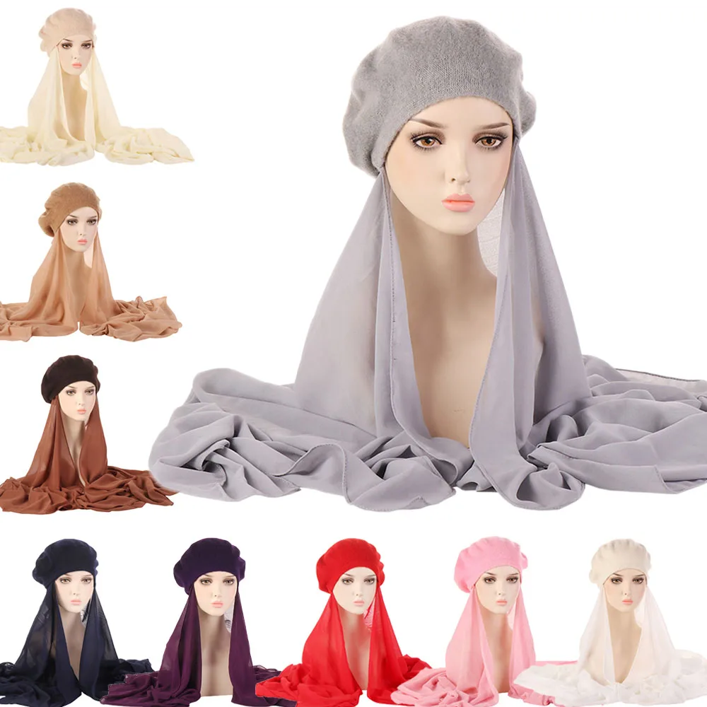 

Ready To Wear Instant Women Beret Cap With Chiffon Scarf Shawl Hijab Hat Headwrap Turban Fashion Bandana Islamic Femme Headscarf