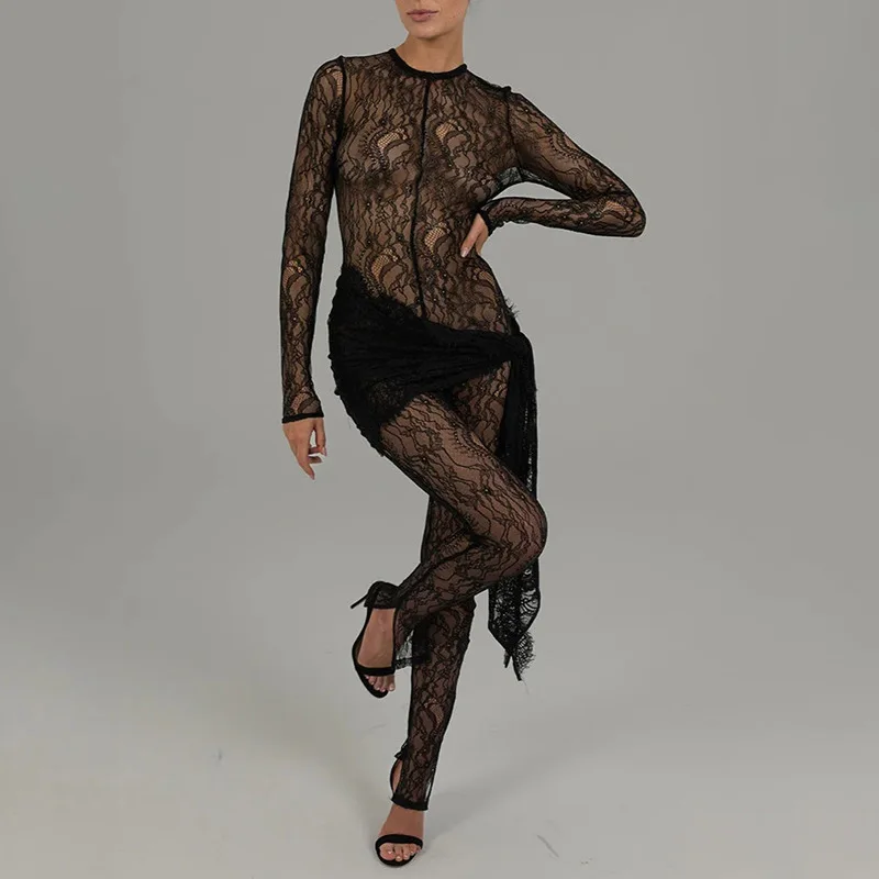 

Women Sexy Lace Jumpsuit 2023 Autumn See Through Long Sleeve Lace Up Ribbon Spliced Split Club Party Overalls Slim Rompers