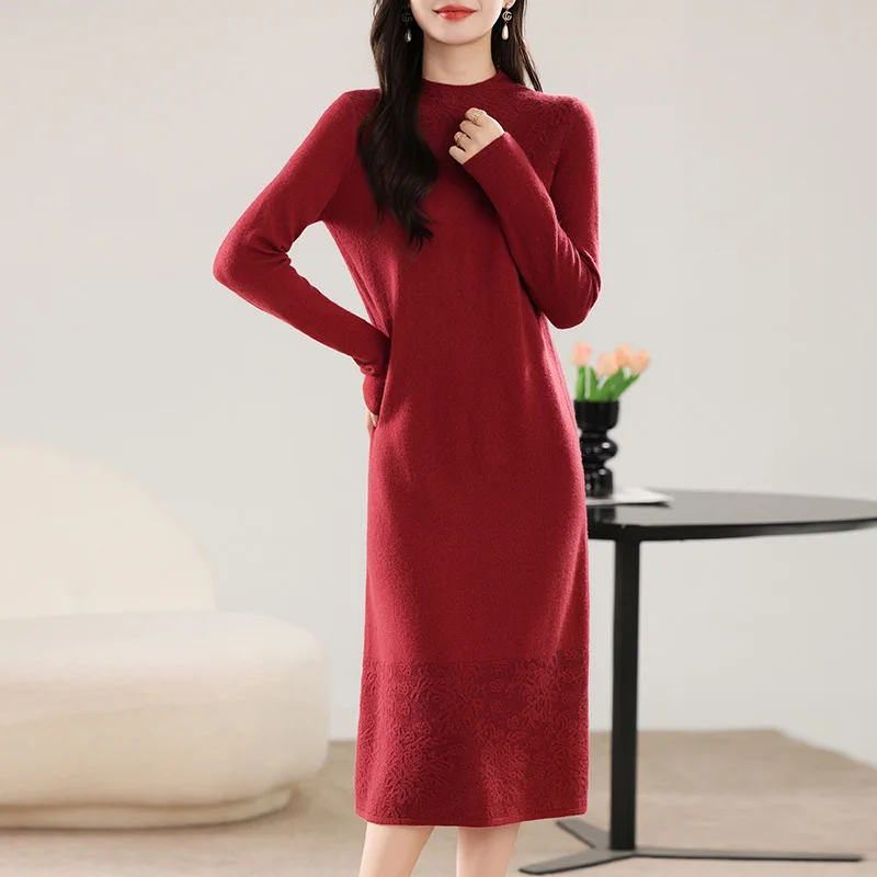 100% Merino Wool Women's Long Dress, Loose, Hollow, Elegant, Long Sleeves, Knitted, Round Neck, Warm, Autumn/Winter 2024