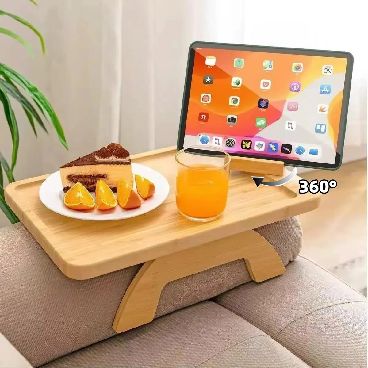 

Sofa Armrest Tray With 360° Phone Tablet Holder Foldable Sofa Tray Table Natural Wooden Practical TV Snacks Tray for Cake Coffee