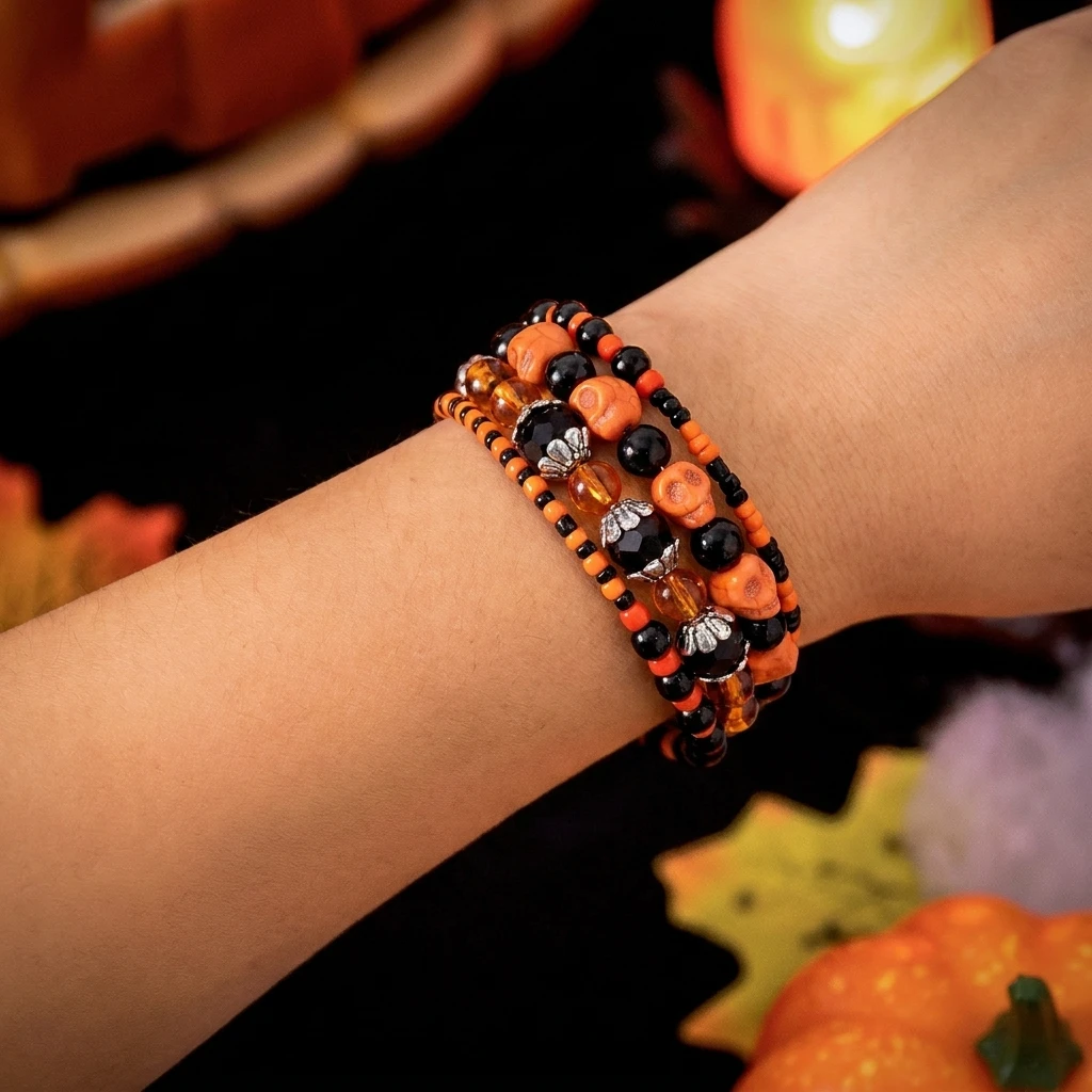 Kreatives Mehrschichtiges Totenkopf-Reisperlen-Armband für Damen und Herren Punk Goth Skelett Stapelbare Armbänder Halloween-Party-Schmuck – Detail 3