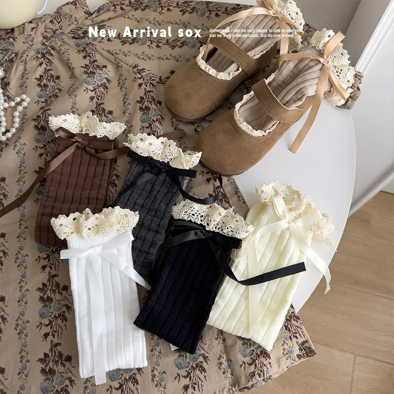 

Princess Lace Ruffle Long Stockings Lolita Girls Calf Bow Socks Spring Autumn Leg Warmer 3-12Year Children Knitted Cotton Sock