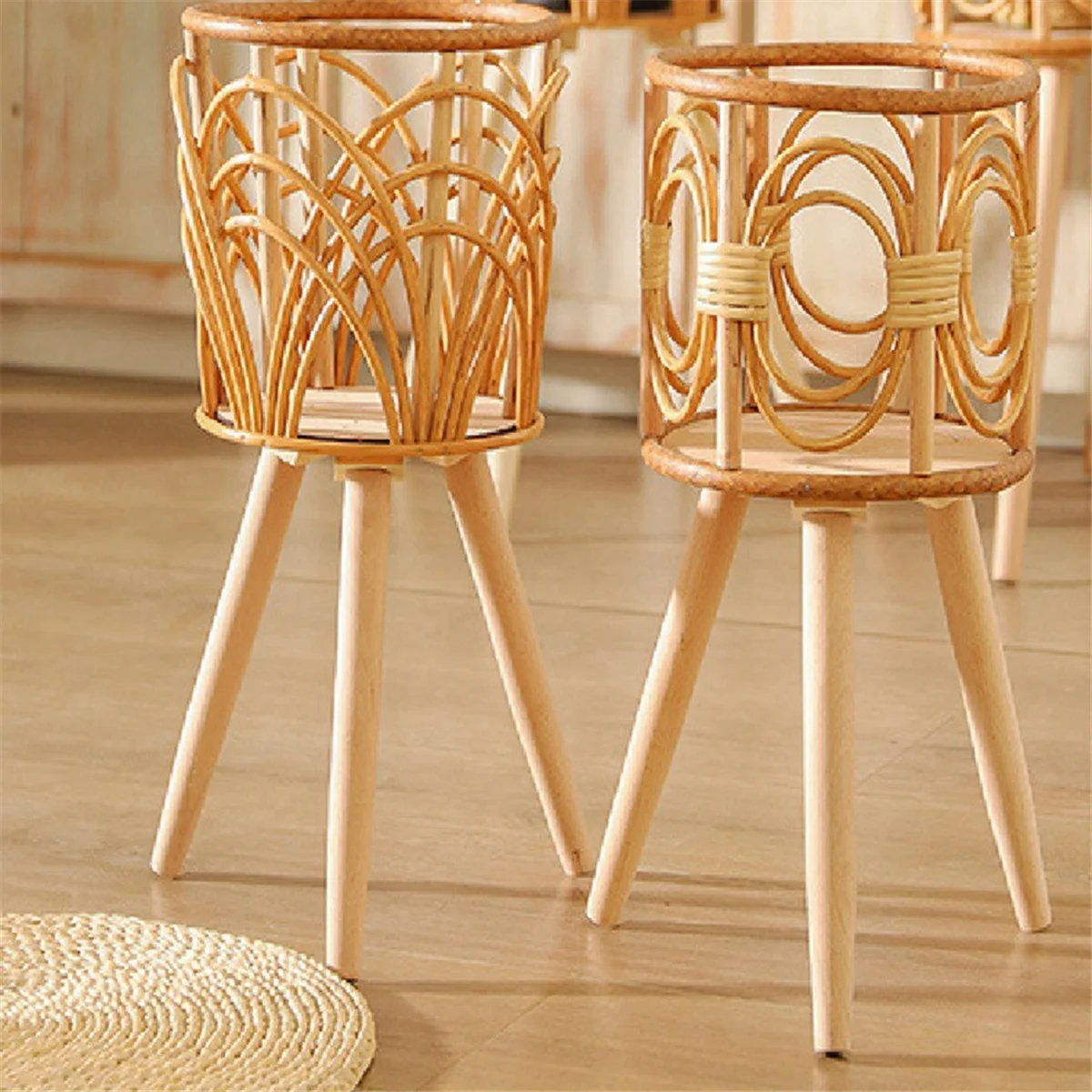 Rattan Indoor Plant Stand Straw Woven Flowers Pot Holder Stool with Legs Floor Planter Baskets Rack Wooden Plant Shelf B