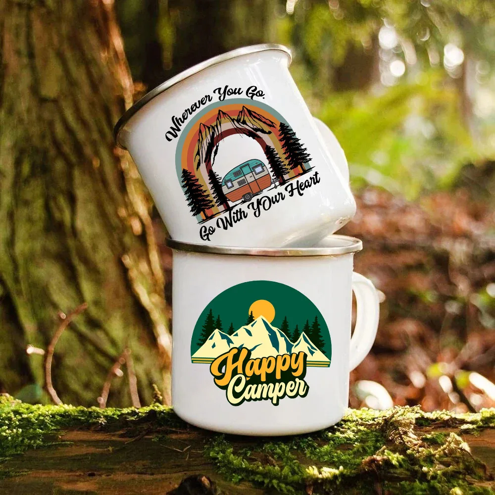 Happy Camper Print Enamel Mugs Coffee Handle Cup Camping Picnicking Water Tea Mug Outdoor Mountaineering Nature Hiking Gift Cup