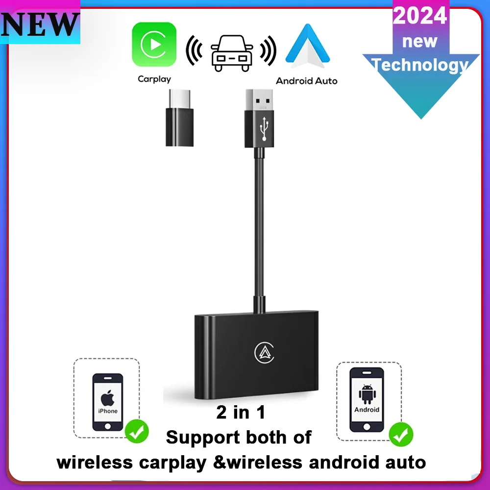 Mini Box Wireless Carplay&Android Auto Box 2in1 Wired to Wireless Dongle Automatic Connect Adapter 5.0 Bluetooth Plug&Play 