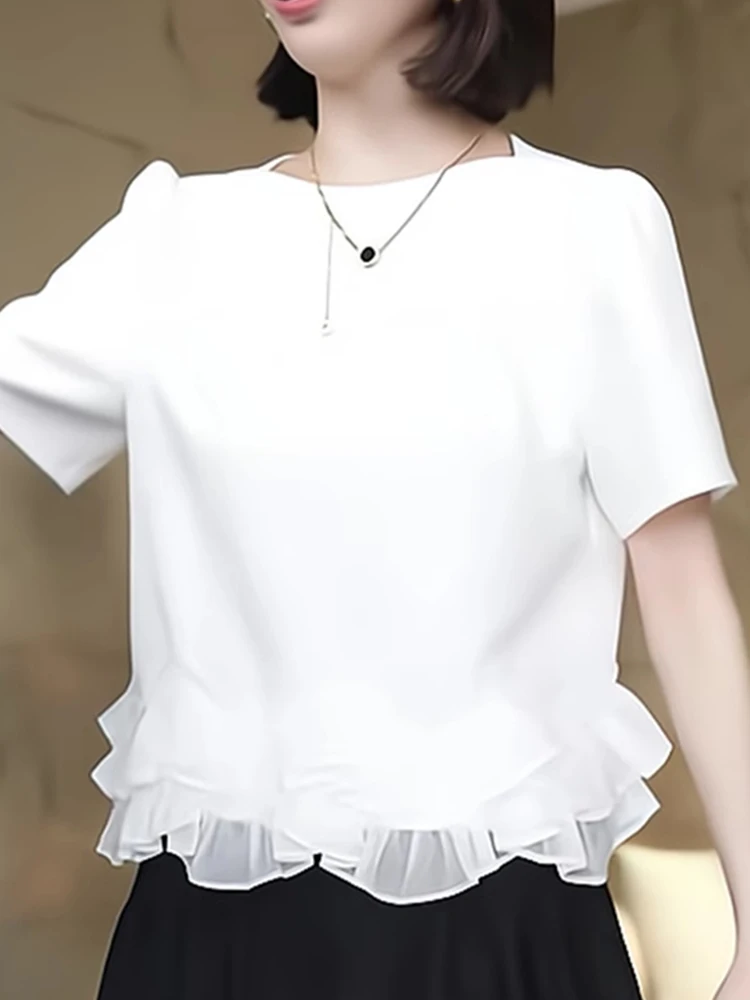 

Loose round Ne ort Sve T-irt Lace Trim Splice Design Slimming Color Faionable New Arrival Silk Women's Top