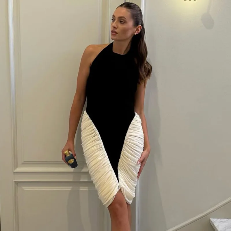 

Talenza Patchwork Halter Backless Sexy Midi Dress Women Dresses Elegant Fashion Contrast Color Sleeveless Pleated Dress Female