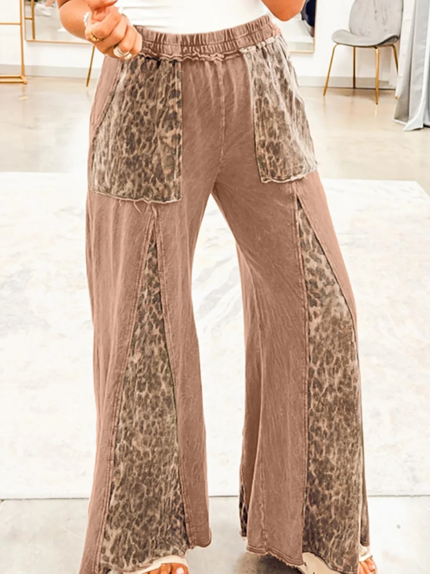 DearLover Casual High Waist Wide Leg Pants Women's Loose Fit Color Block Leopard Print Trousers Fashionable Unique Design