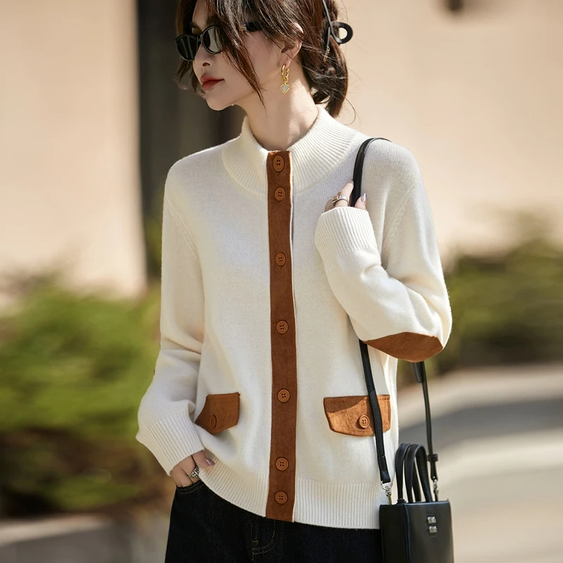 Open Cardigan Sweater For Women Knit 100 Percent Wool Color Block Autumn Winter Trend Fashion Casual Commute Outfit Woman Clothe
