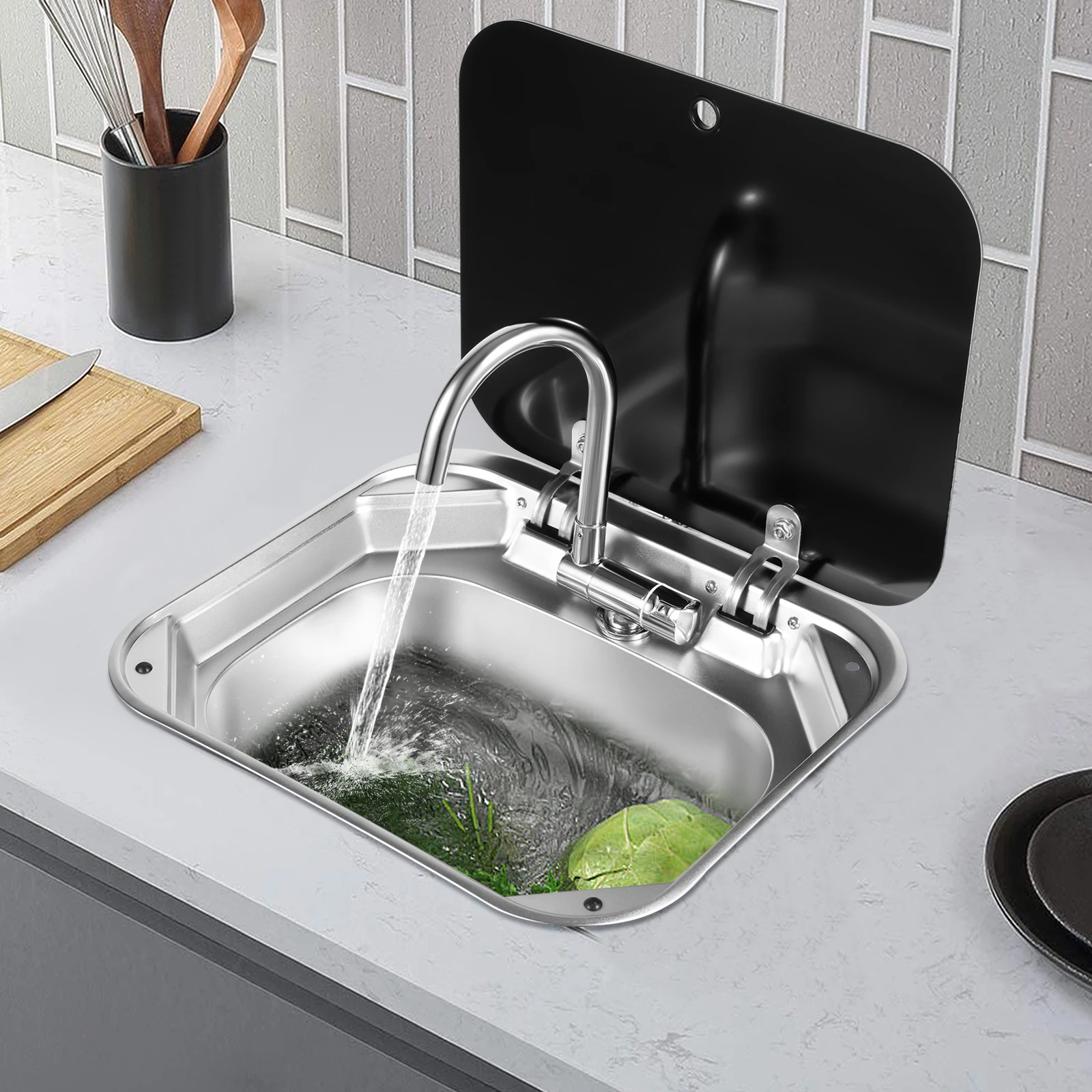 

Прямоугольная раковина для автофургона из нержавеющей стали 304 с канализационной трубой, кран для холодной/горячей воды для установки под столом