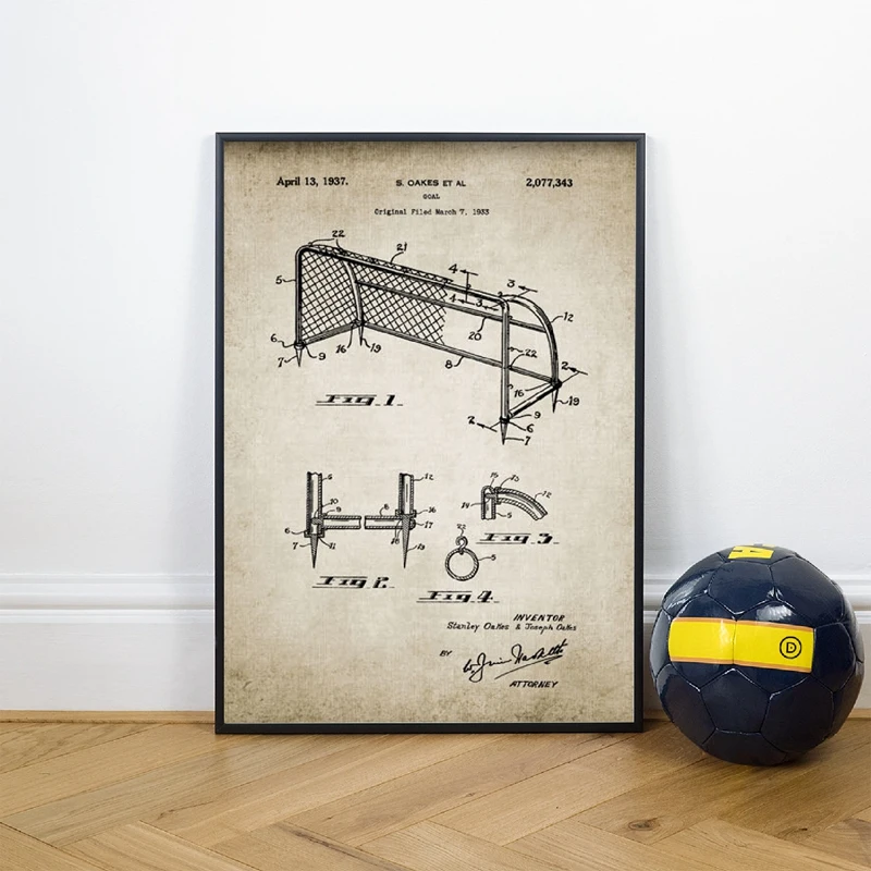 Vintage Canvas Painting Soccer Patent Blueprint Posters Prints Football Pitch Soccer Ball Boot Goal Net Design Home Wall Decor