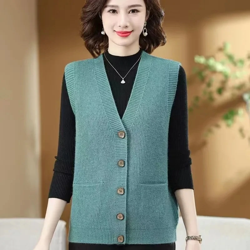 

Autumn Knitted Cardigan Vest Women New Korean All-match Sleeveless Middle-aged and Elderly Casual Waistcoat Coat Female Tops