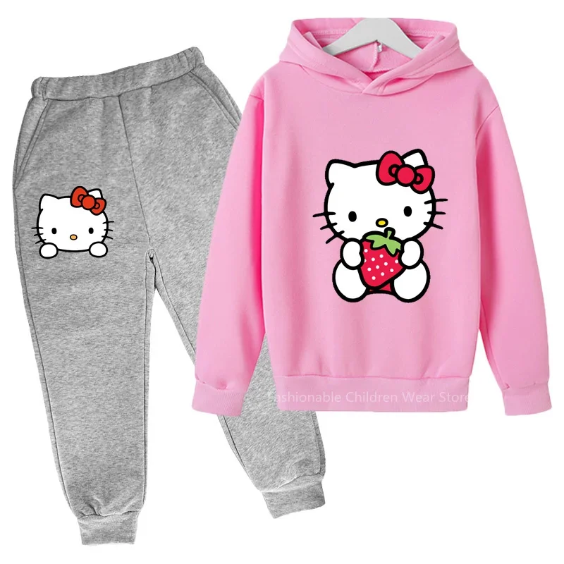 

Новинка, комплект из Толстовки и брюк с принтом Hello Kitty, детская осенне-Весенняя хлопковая толстовка для мальчиков и девочек, повседневный уличный корейский стиль