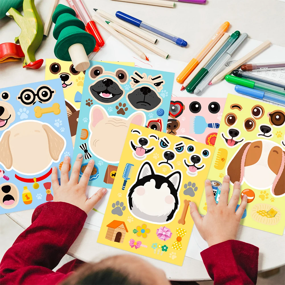

6/12sheets Cartoon Animal Dog Head Puzzle Stickers Cute Make a Face DIY Assemble Jigsaw Decals Kid Education Toys Birthday Gifts