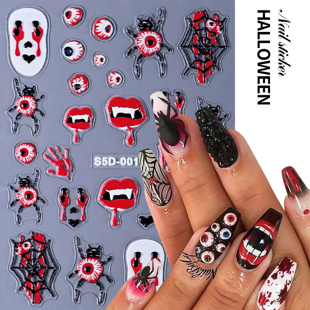 1pc 5D レリーフハロウィンネイルアートステッカー不気味なスケルトンハンドカボチャ悪魔の目デザイン DIY 粘着スライダーデカール装飾