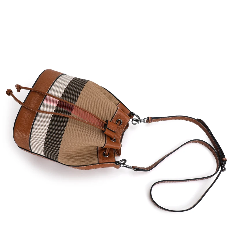 New Women\'s Trendy High end Bucket Bag 2024 Canvas with Cowhide Plaid Luxury One Shoulder Crossbody Bag