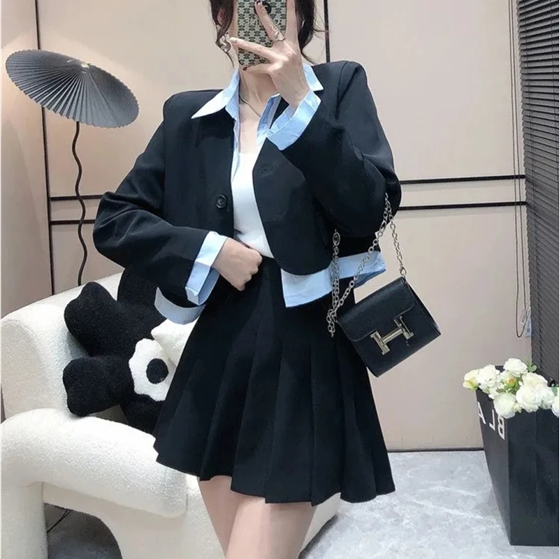 

Women Spring Autumn Short Blazers Mini Skirts 2 Piece Set Korean Office Lady Fashion Patchwork Suit Jacket Pleated Skirt Outfits