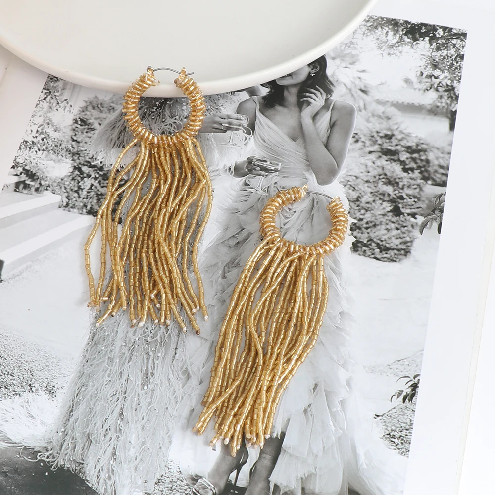 New Bohemian Beads Long Tassel Drop Earrings For Women Statement Jewelry Gift