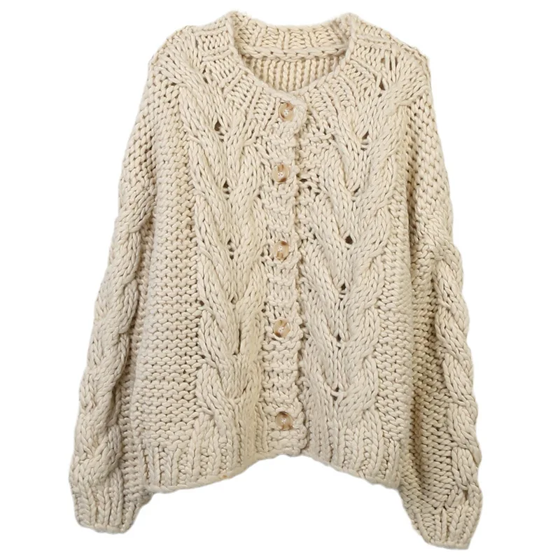 

Knitted cardigan jacket women Retro 2025 autumn/winter casual loose lazy fried dough twist long sleeved thick basic Simple