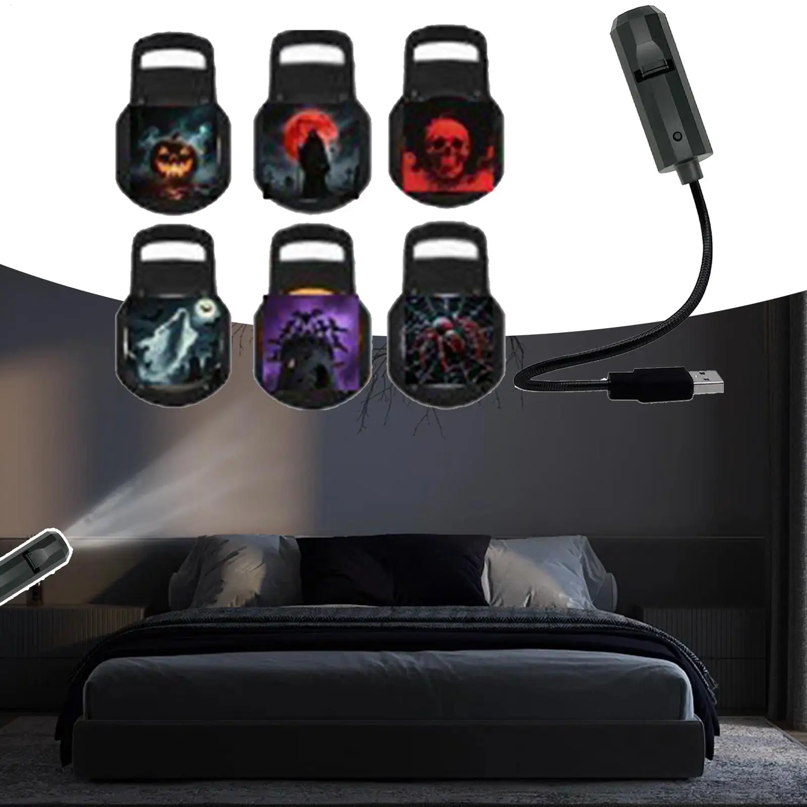 Halloween Skull Projector Lamp USB Power Supply 360-degree Rotation Magnetic Ceiling Wall Horror Decoration for Haunted House