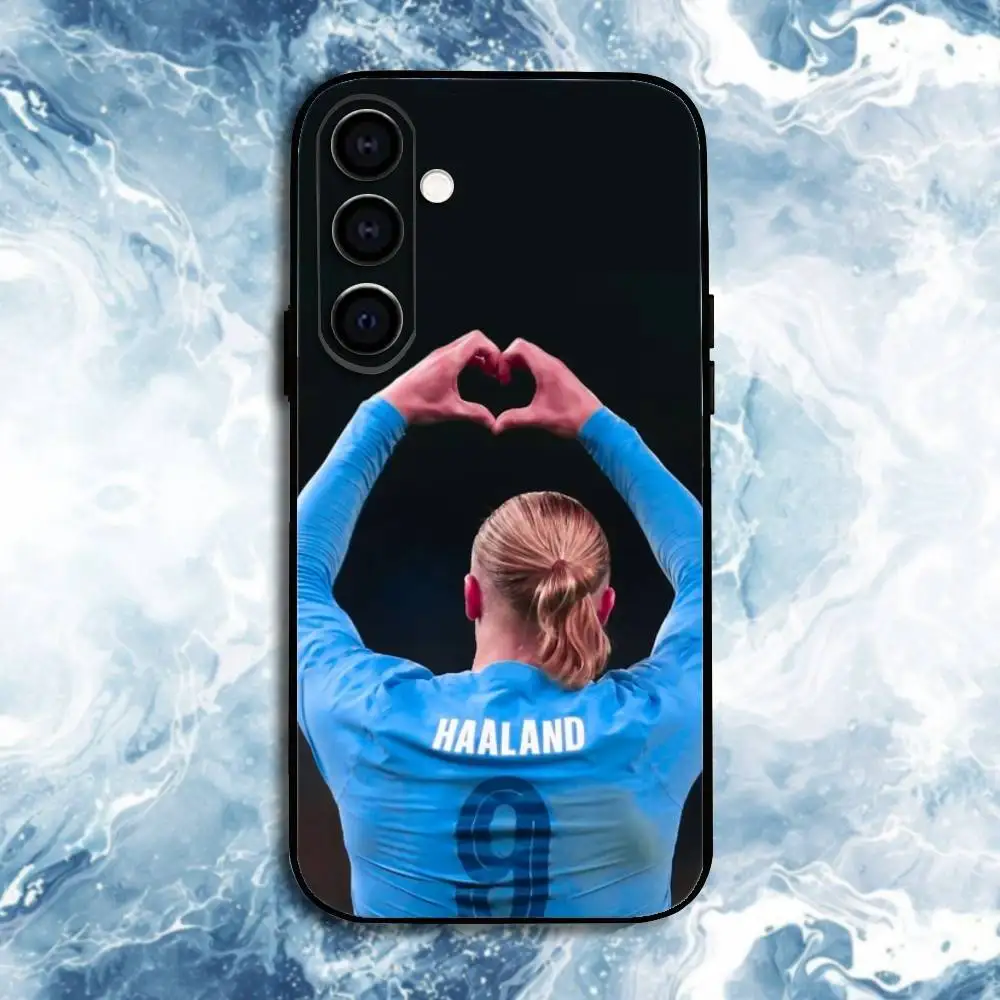 حافظة هاتف كرة القدم E-Erling H-Haaland لهاتف سامسونج جالاكسي A73، A72، A71، A70، A53، A52، A51، أخرى غلاف أسود ناعم