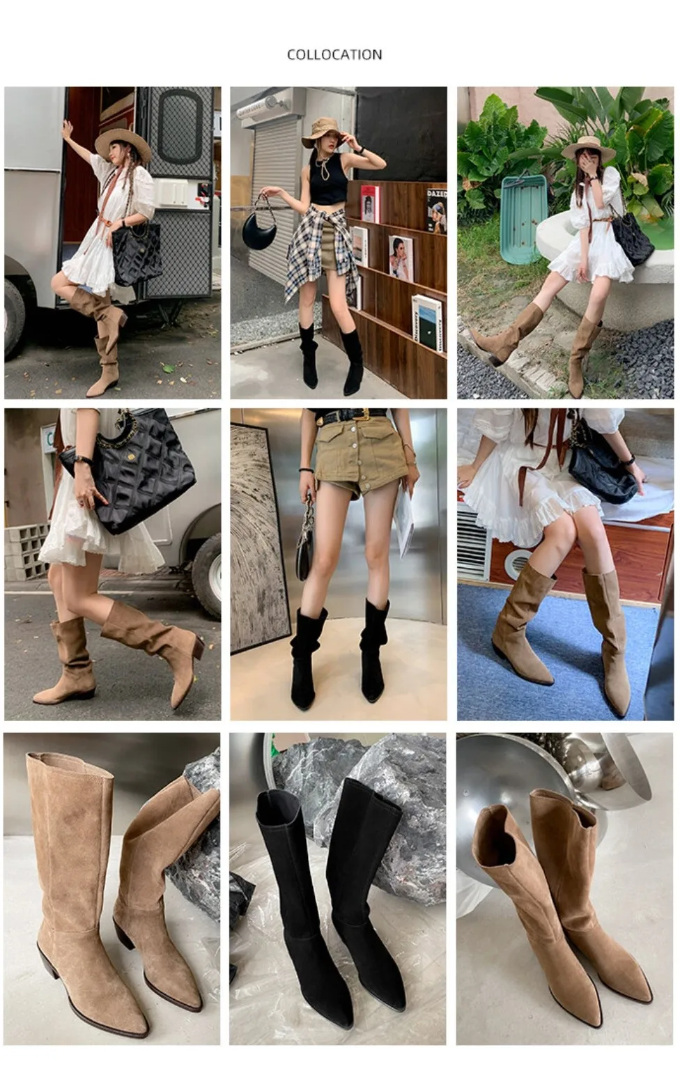 Cow Suede Daily Botas Spring Autumn Handsome Woman Boots Large Girth Western Boots Woman Slip On Simple Pleated Mid-Calf Shoes