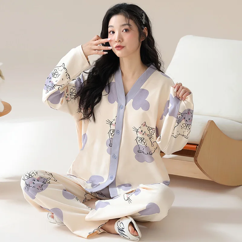 Women\'s New Pajamas Homewear Set of Spring and Autumn Pajamas Women Long-Sleeved Cardigan Ins Girls Cute Fall Pajamas Homewear