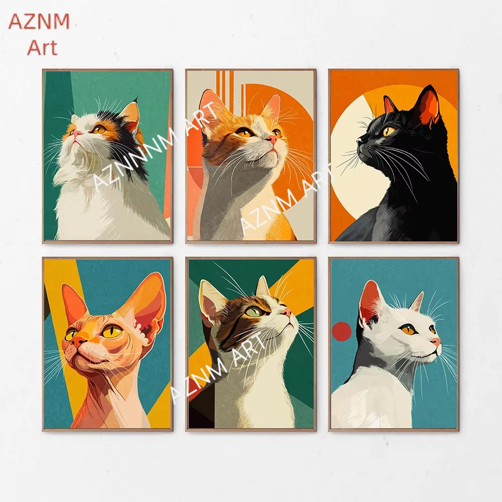 Mid-Century Retro Funky Katzen-inspiriertes Illustrationsposter Wandkunst Bilder Leinwandgemälde Wohnzimmer Schlafzimmer Heimdekoration