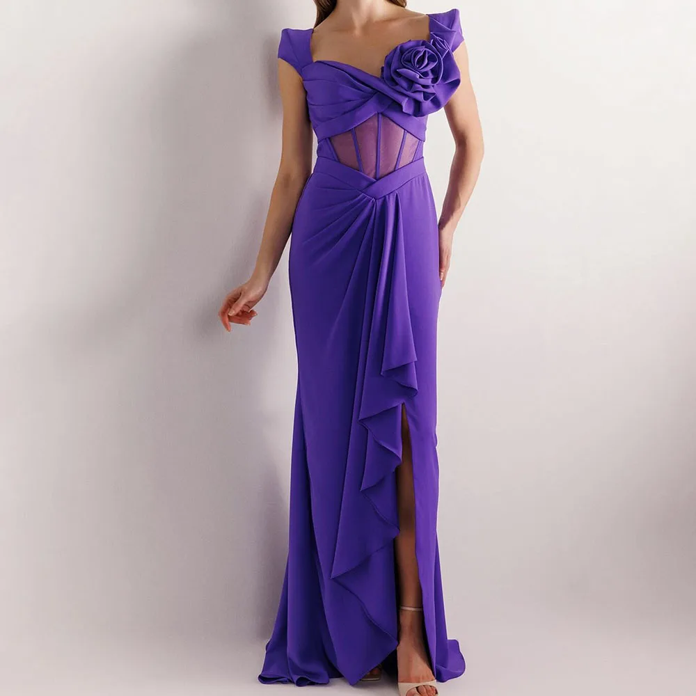 

Customized Mermaid Prom Dresses Floor-Length V-Neck Sleeveless Evening Gown Fashion Flowers Backless Lace-Up Draped Party Gown