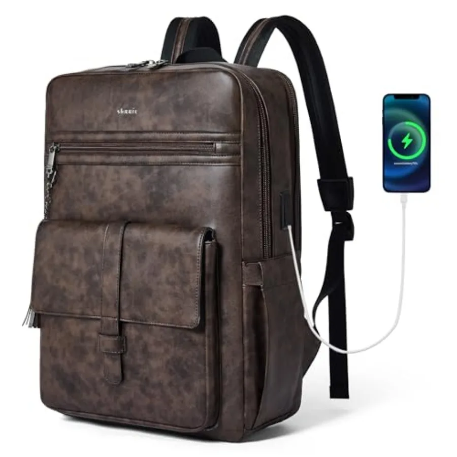

Shrrie 16 inch Vegan Leather Laptop Backpack with USB Charger, Smart Computer Backpack for Men and Women Business, Work, Office