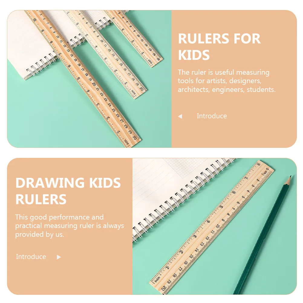 12Pcs Wooden Straight Rulers High Elasticity Hardwood Material for Kids Students Designers Architects Portable Measuring Ruler
