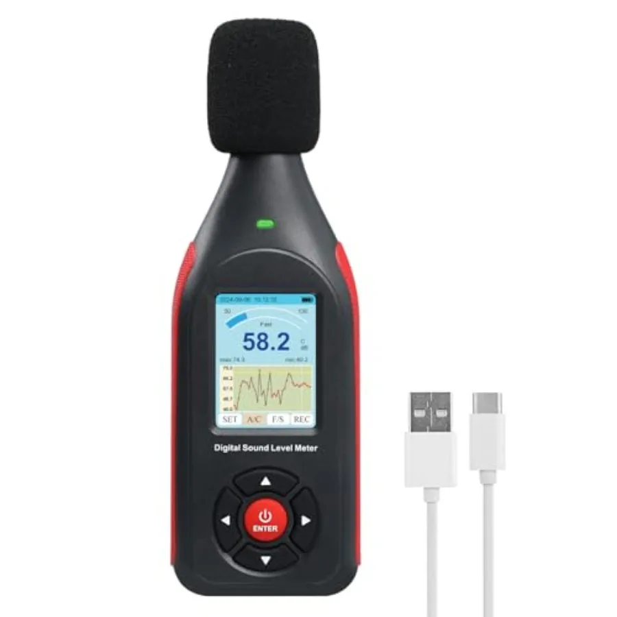 

Decibel Meter Digital Sound Level ReaderData Logger Sound Decibel Meter with 43 000 Data Record Function 3-Color Alarm A/C Freq