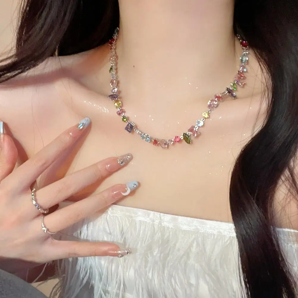 

Colorful Ladies Necklace Rainbow Crystal Zirconia Beaded Necklace Adjustable Chain Bohemian Starry Sky Pendant For Women