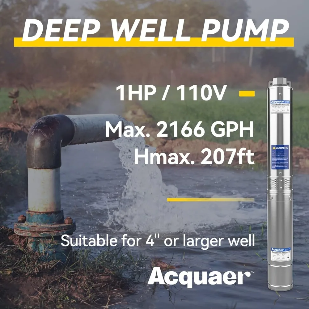 1 HP 110V Deep Well Submersible Pump, 36 GPM, 207' Head, Stainless Steel, 4'' Deep Well Water Pump for Irrigation