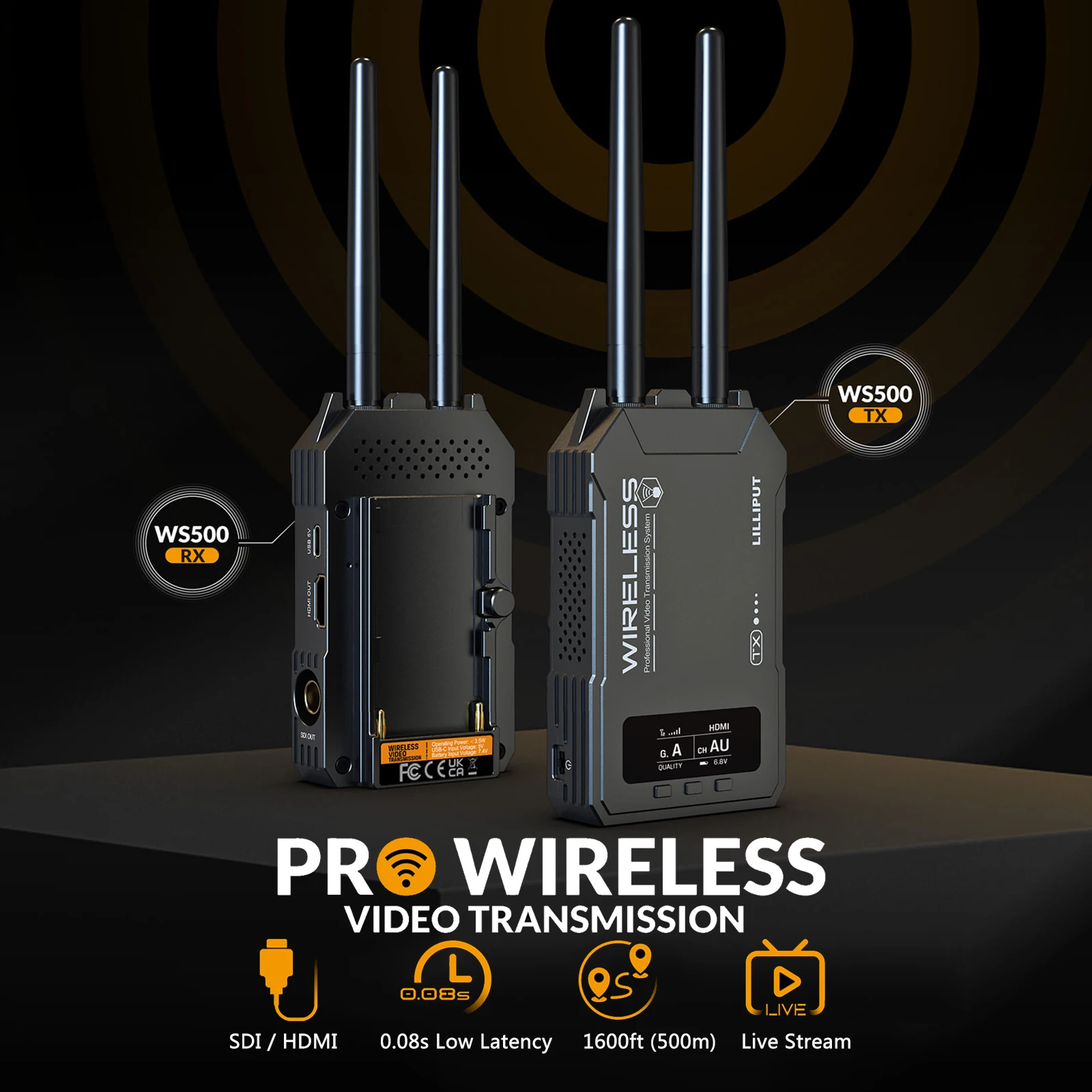 1.3 Inch OLED Screen Outdoor 1600ft 500m Wireless HDMI/SDI Video Transmission System 1 Transmitter to 1 Receivers Live Streaming
