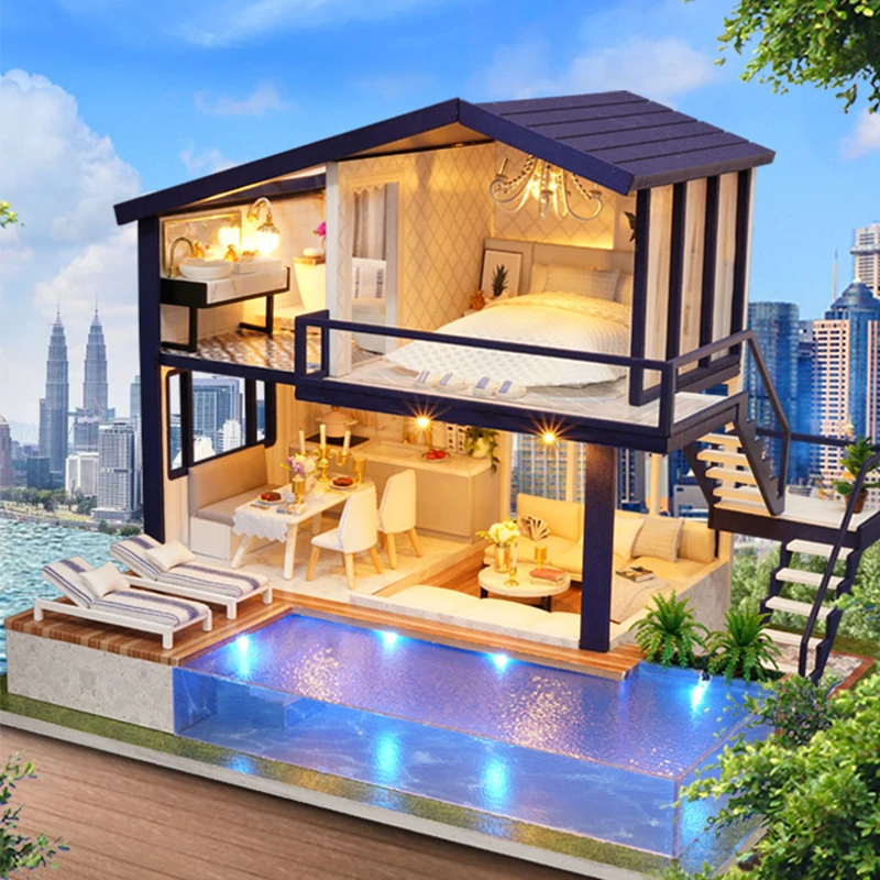 

Mini Doll House DIY 3D Puzzle Assembly Building Model Kit Wooden Crafts Making Room Toys Home Decorations With Furniture