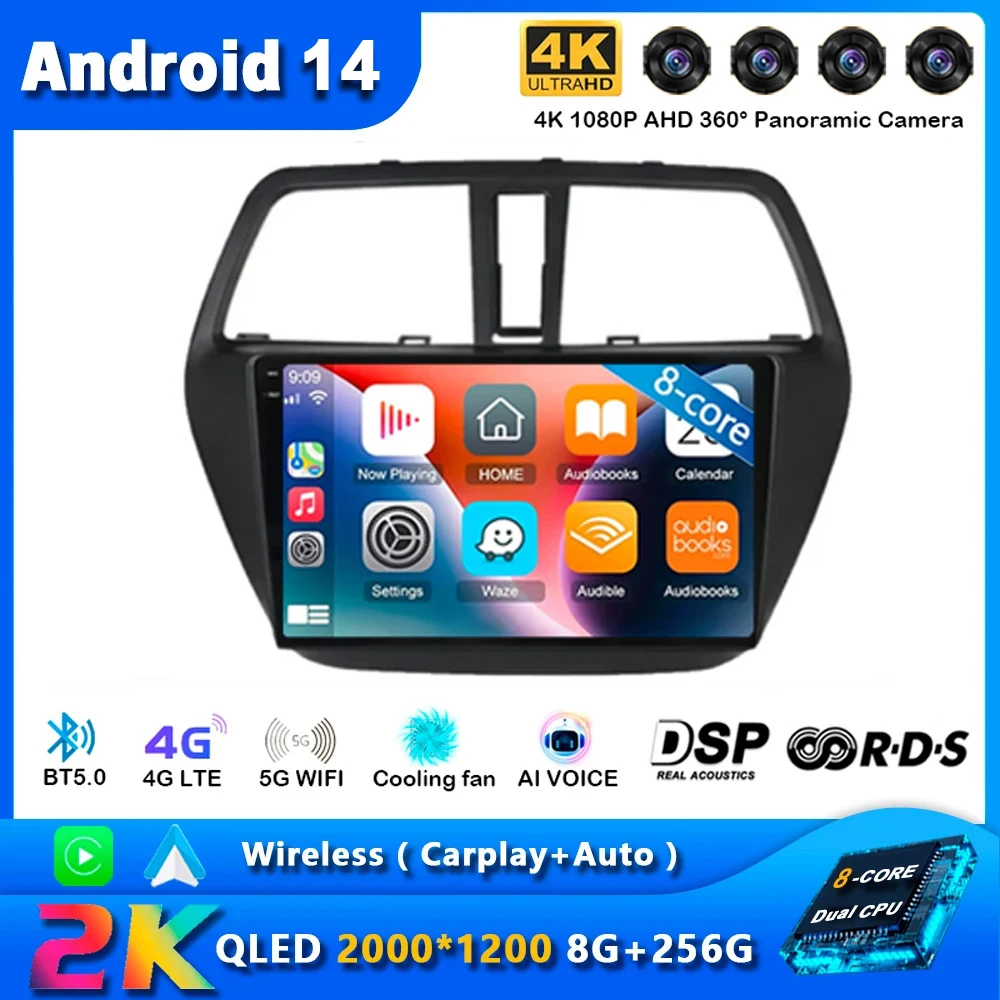 Android 14 Wireless Carplay Auto Car Radio For Suzuki SX4 S-Cross 2014 2015 2016 2017 Multimedia Player Stereo GPS WIFI+4G Vdeo