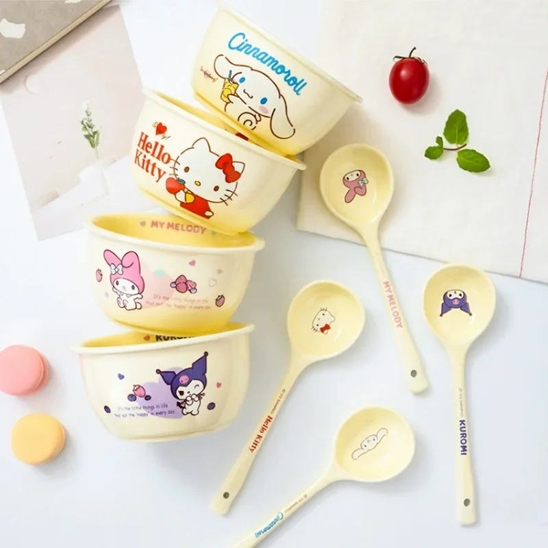 Sanrio-cuenco de cerámica Kawaii para niños, vajilla de Hello Kitty Cinnamoroll, cuenco de arroz de dibujos animados, lindo, Ins, regalos de moda